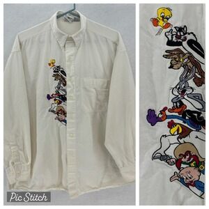 Vintage Looney Tunes Embroidered Button Down Shirt LARGE ACME 100% Cotton